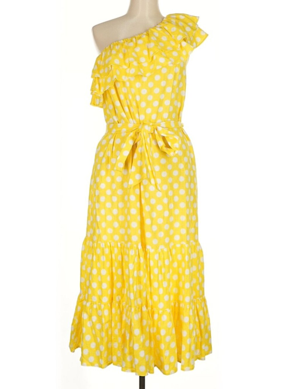 Lisa Marie Fernandez Yellow Polka Dot One-Shoulder Tiered Maxi Dress | Medium
